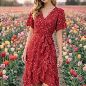 Elegant Red Polka Dot Wrap Dress